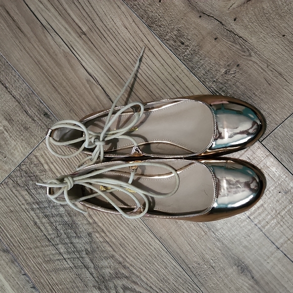 Mark and Maddux | Rose Gold Metallic Patent Tie Strap Flats - Picture 5 of 6